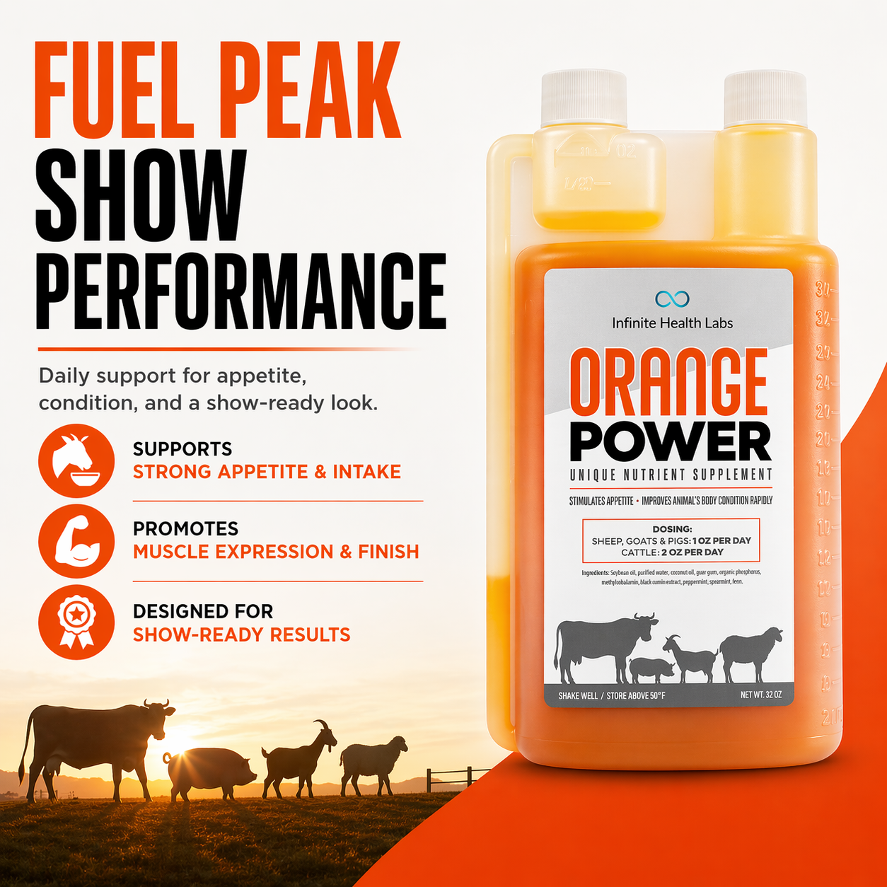 A bottle of Infinite Health Labs Orange Power™ B12 Performance Drench for cattle, sheep, goats, and pigs is shown with text noting it supports appetite and intake, promotes muscle expression, and boosts show animal performance. Cow silhouettes are below.