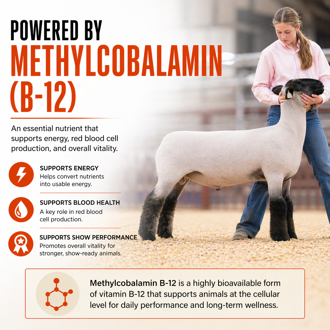 In an arena, a person in blue pets a white and black sheep. Informational text features Infinite Health Labs' Orange Power™ B12 Performance Drench, an appetite supplement for energy, blood health, and improved show animal performance; orange vitamin structure shown.