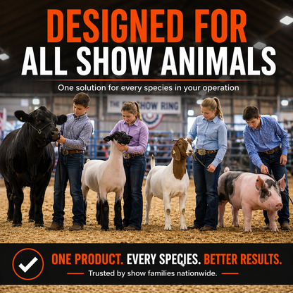 Four kids in Western wear stand in a show ring with a cow, sheep, goat, and pig. Text above promotes Orange Power™—the B12 Performance Drench from Infinite Health Labs—to boost appetite and performance for all show species.