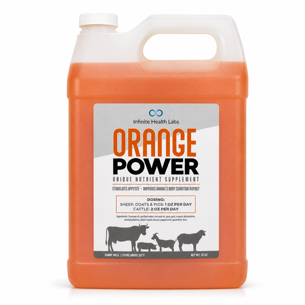 A large plastic jug of Infinite Health Labs Orange Power – Show Cattle, Sheep, Goat & Pig Appetite Supplement (B12 Performance Drench) with orange liquid and animal silhouettes, includes dosing instructions for boosting show animal performance.