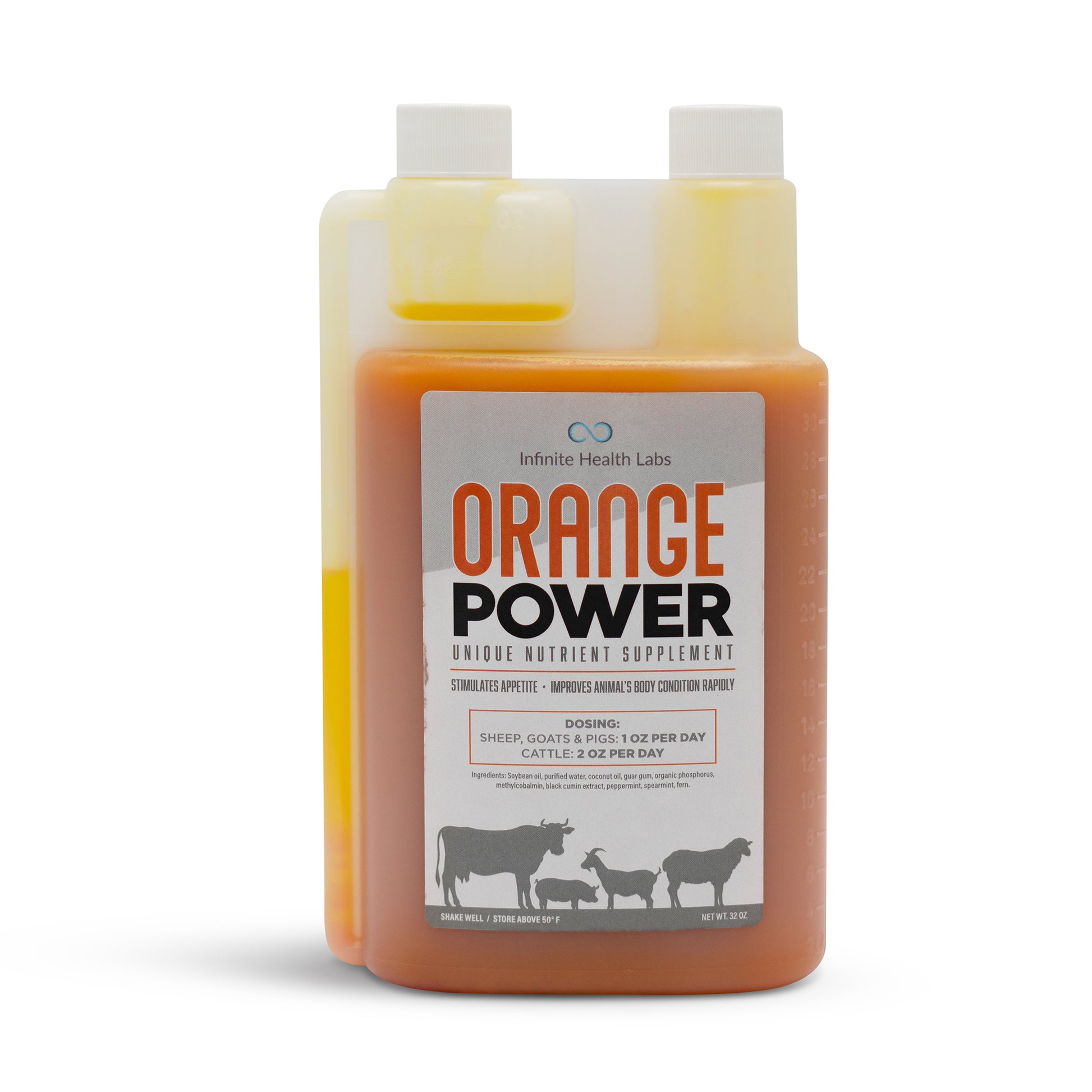 Orange Power™ by Infinite Health Labs is a B12 performance drench for show cattle, sheep, goats, and pigs. The bottle shows animal silhouettes, includes dosing instructions and a measuring chamber, and supports show animal appetite and performance.