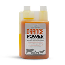Orange Power™ by Infinite Health Labs is a B12 performance drench for show cattle, sheep, goats, and pigs. The bottle shows animal silhouettes, includes dosing instructions and a measuring chamber, and supports show animal appetite and performance.