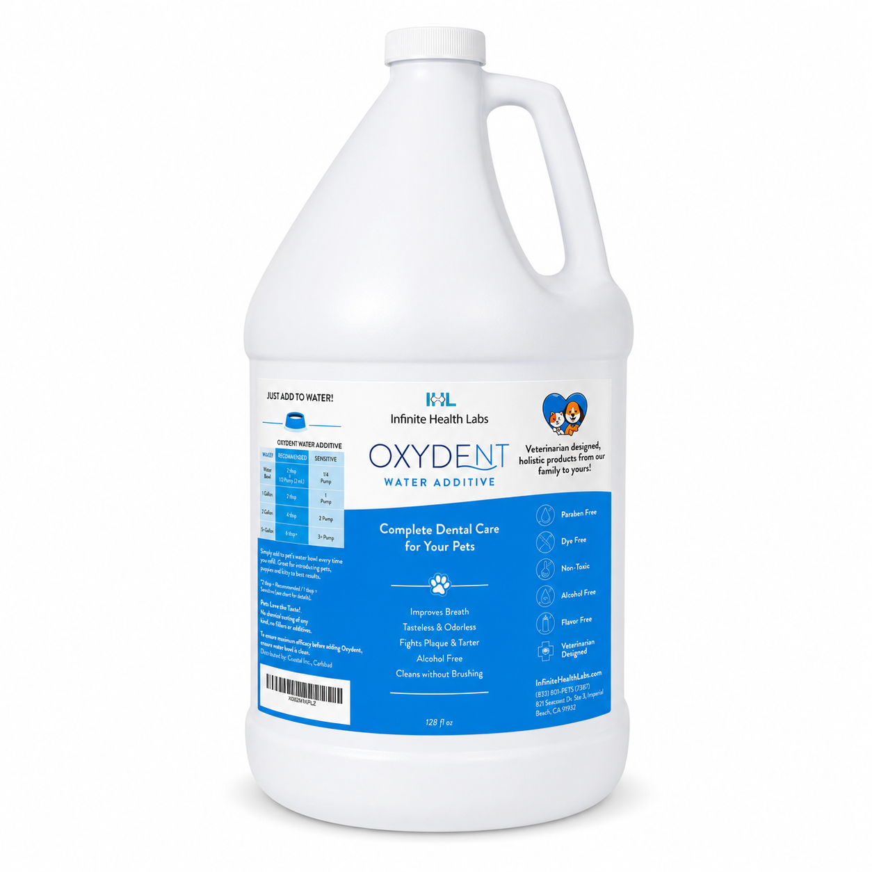 A large white jug labeled “Oxydent Pet Dental Care | Dog & Cat Water Additive for Bad Breath, Tartar & Gum Health” by Infinite Health Labs. The blue and white label emphasizes benefits such as plaque removal and fresher breath, making it an effective pet dental water additive and bad breath remover. This alcohol- and flavor-free formula supports comprehensive dog and cat dental care.