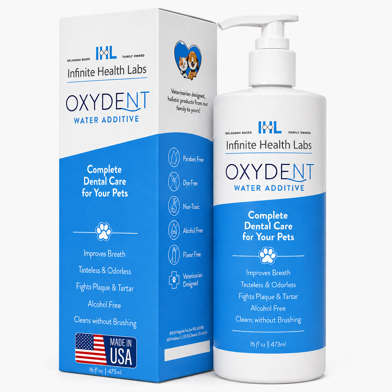 A white and blue bottle of Infinite Health Labs Oxydent Pet Dental Care | Dog & Cat Water Additive for Bad Breath, Tartar & Gum Health stands next to its box, both featuring pet icons and a Made in USA label. The packaging highlights its alcohol-free, tasteless formula and emphasizes its effectiveness as a dental care solution for pets.