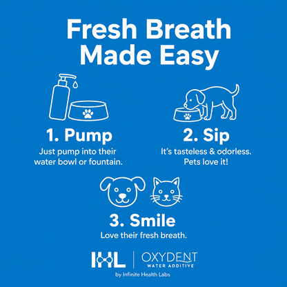 Instructional graphic demonstrating how to use Infinite Health Labs’ Oxydent Pet Dental Care | Dog & Cat Water Additive for Bad Breath, Tartar & Gum Health: simply pump into your pet’s water bowl, let your dog or cat drink, and enjoy their fresher breath. Featuring icons of the easy-pump bottle, a pet drinking water, and happy pets—Oxydent makes dog and cat dental care simple and effective as a remedy for bad breath.