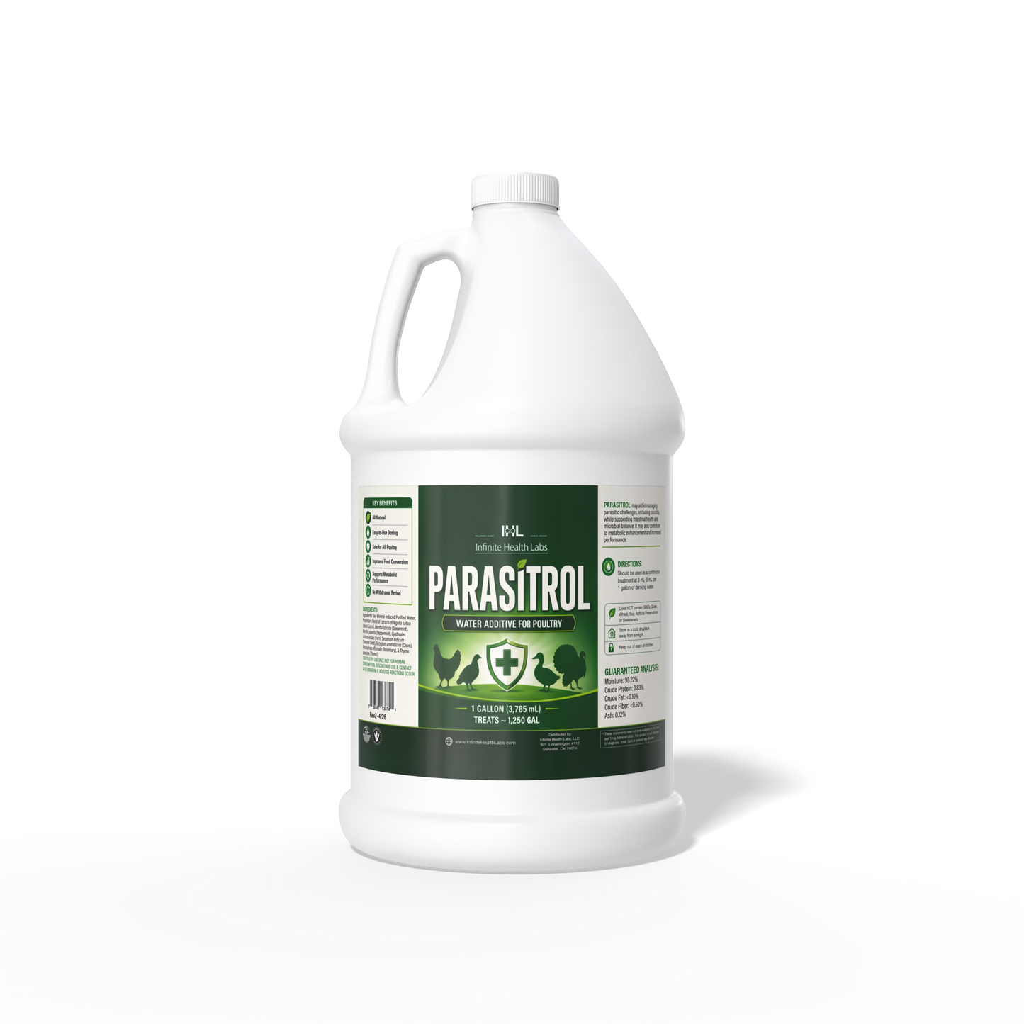 A white plastic gallon jug of Infinite Health Labs Parasitrol Poultry Water Additive, an all-natural herbal formula for coccidia control and gut health, features a green and white label with chicken icons, dosage instructions, handle, and screw cap.