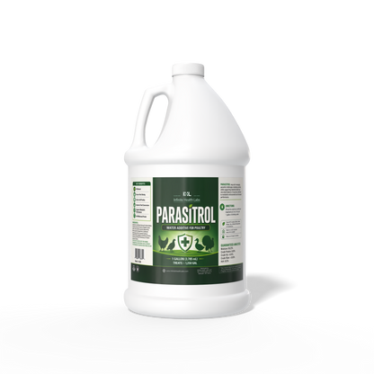 A white plastic gallon jug of Infinite Health Labs Parasitrol Poultry Water Additive, an all-natural herbal formula for coccidia control and gut health, features a green and white label with chicken icons, dosage instructions, handle, and screw cap.