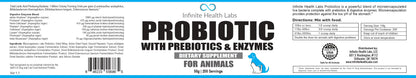White product label for Infinite Health Labs Probiotics for Animals, featuring supplement facts, dosage directions, a blue dog illustration, and a “Made in the USA” badge to support optimal gut health in dogs.