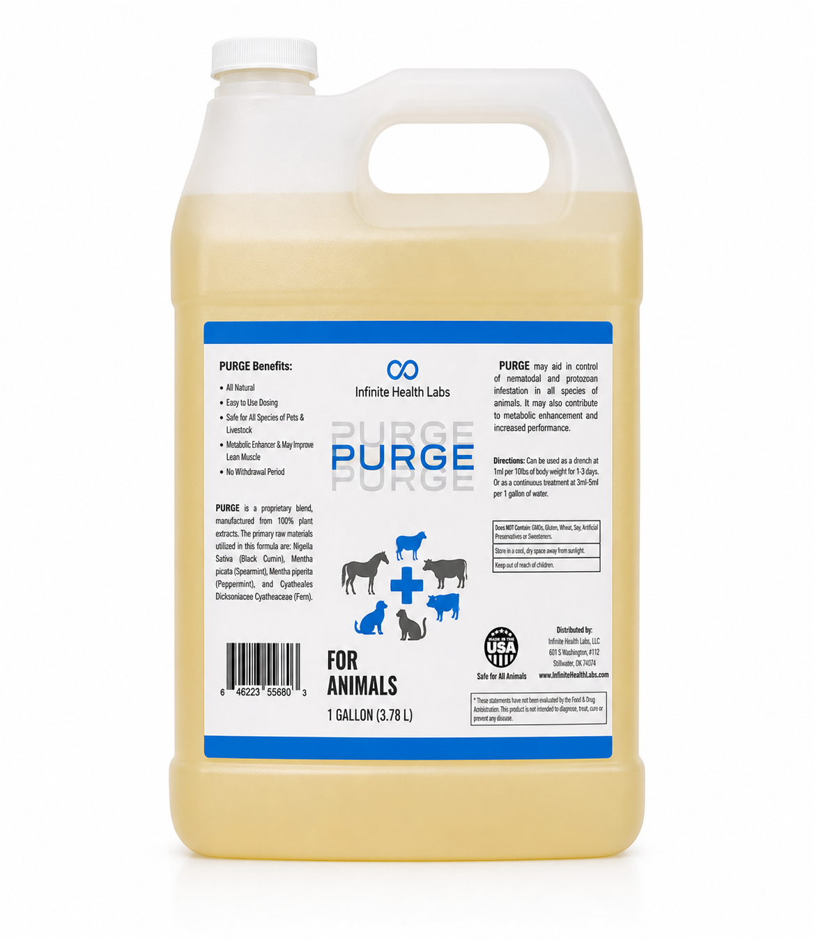 A 1-gallon container of Purge – Natural Dewormer for Goats, Sheep, Dogs & Swine by Infinite Health Labs, displaying images of a cow, pig, goat, horse, chicken, and dog. The label highlights gut health and parasite support—offering natural defense against coccidia and giardia—along with product directions and a USDA seal.