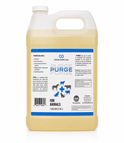 A 1-gallon container of Purge – Natural Dewormer for Goats, Sheep, Dogs & Swine by Infinite Health Labs, displaying images of a cow, pig, goat, horse, chicken, and dog. The label highlights gut health and parasite support—offering natural defense against coccidia and giardia—along with product directions and a USDA seal.