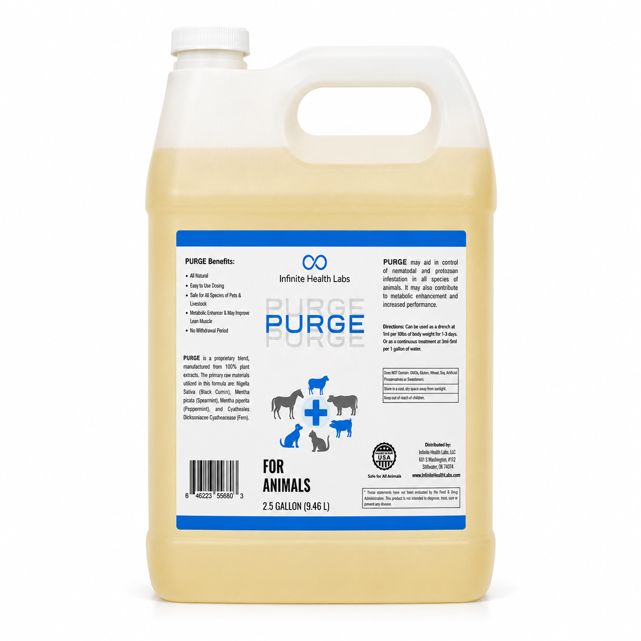 A 2.5-gallon jug of Purge – Natural Dewormer for Goats, Sheep, Dogs & Swine by Infinite Health Labs, featuring a blue and white label displaying benefits, usage instructions, and animal icons for cow, pig, horse, goat, chicken, and sheep. This natural supplement supports gut health and provides effective parasite support for your livestock.