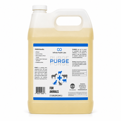 A 2.5-gallon jug of Purge – Natural Dewormer for Goats, Sheep, Dogs & Swine by Infinite Health Labs, featuring a blue and white label displaying benefits, usage instructions, and animal icons for cow, pig, horse, goat, chicken, and sheep. This natural supplement supports gut health and provides effective parasite support for your livestock.