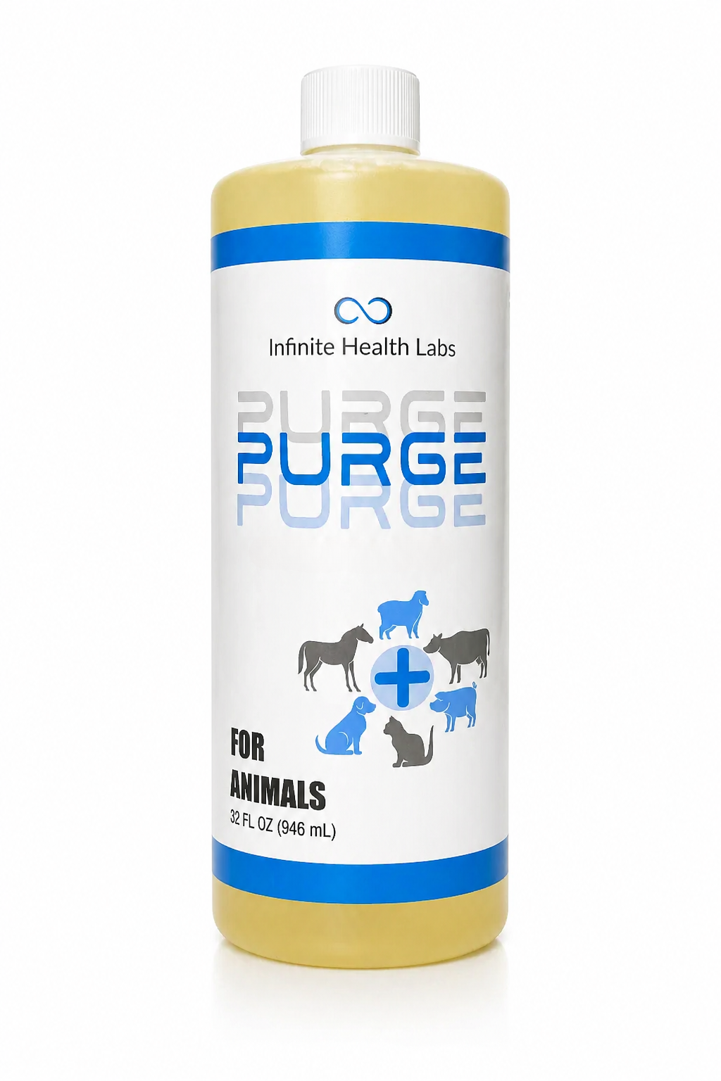 A 32 fl oz (946 mL) white bottle labeled Infinite Health Labs Purge – Natural Dewormer for Goats, Sheep, Dogs & Swine features silhouettes of a cow, goat, horse, dog, and cat alongside a blue medical cross; it is a natural digestive supplement formulated for gut health and parasite support—including coccidia and giardia.