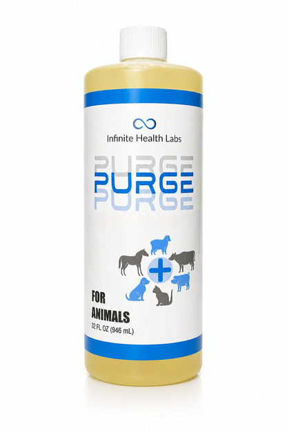 A 32 fl oz (946 mL) white bottle labeled Infinite Health Labs Purge – Natural Dewormer for Goats, Sheep, Dogs & Swine features silhouettes of a cow, goat, horse, dog, and cat alongside a blue medical cross; it is a natural digestive supplement formulated for gut health and parasite support—including coccidia and giardia.
