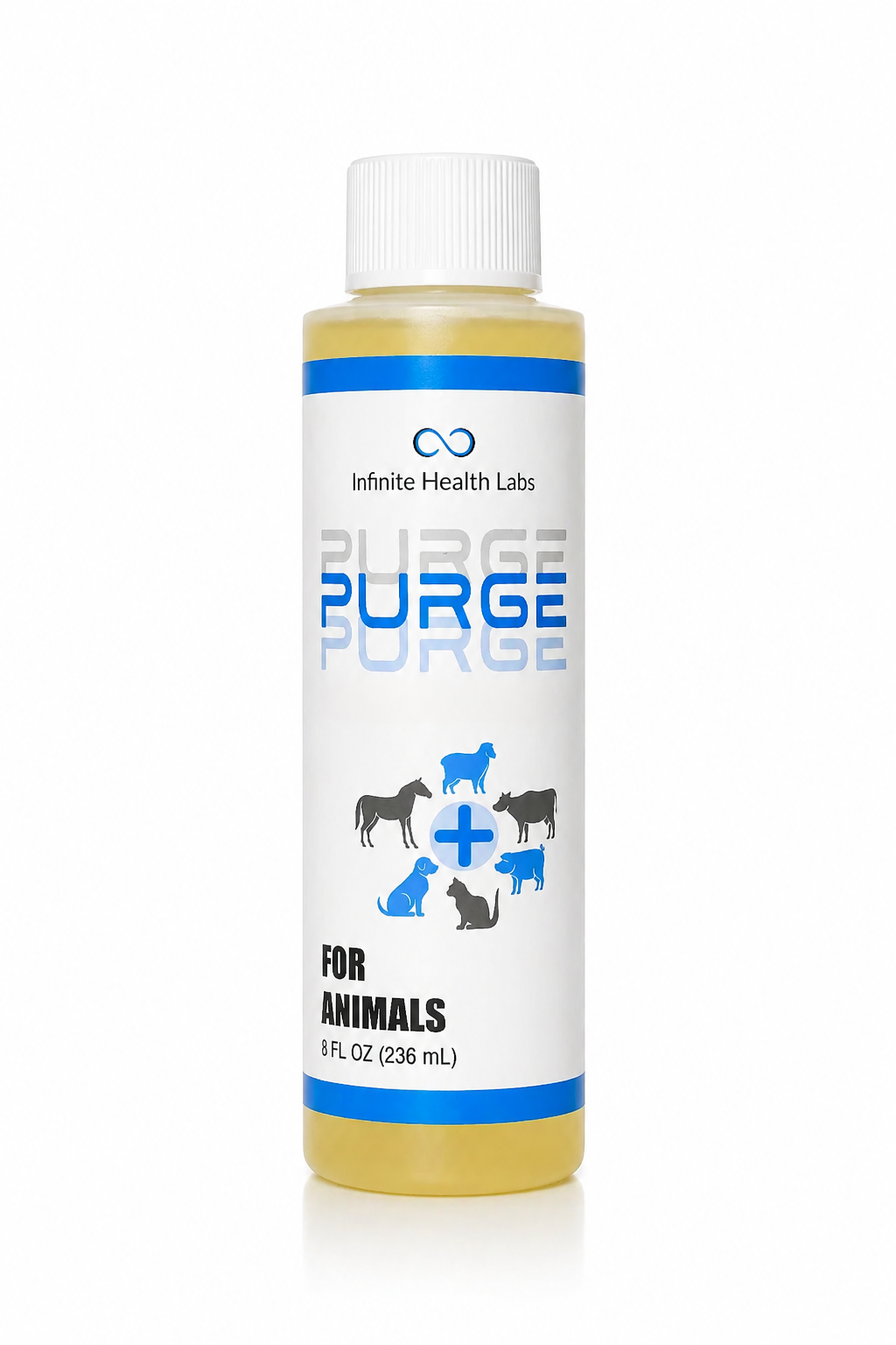 A bottle labeled “Purge – Natural Dewormer for Goats, Sheep, Dogs & Swine | Gut Health & Parasite Support” from Infinite Health Labs is shown, featuring images of a horse, cow, pig, goat, dog, and cat. This natural parasite supplement offers digestive and parasite support for animals and is formulated as a coccidia and giardia treatment. The bottle contains 8 fl oz (236 mL) of liquid and comes with a white cap.