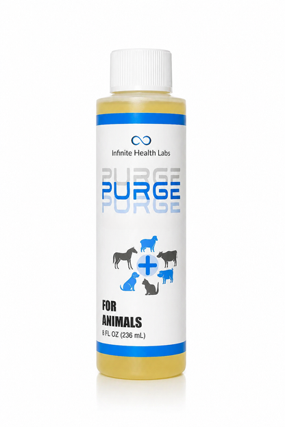 A bottle labeled “Purge – Natural Dewormer for Goats, Sheep, Dogs & Swine | Gut Health & Parasite Support” from Infinite Health Labs is shown, featuring images of a horse, cow, pig, goat, dog, and cat. This natural parasite supplement offers digestive and parasite support for animals and is formulated as a coccidia and giardia treatment. The bottle contains 8 fl oz (236 mL) of liquid and comes with a white cap.