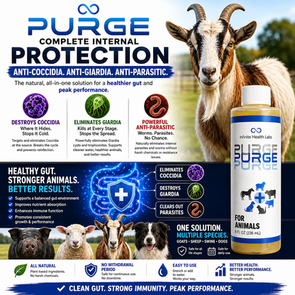A promotional image for Purge – Natural Dewormer for Goats, Sheep, Dogs & Swine from Infinite Health Labs, showcasing a goat, the product bottle, its key benefits, and farm animal icons on a blue and white background. The formula is highlighted as a natural digestive support solution and an effective parasite support supplement that targets threats such as coccidia and giardia.