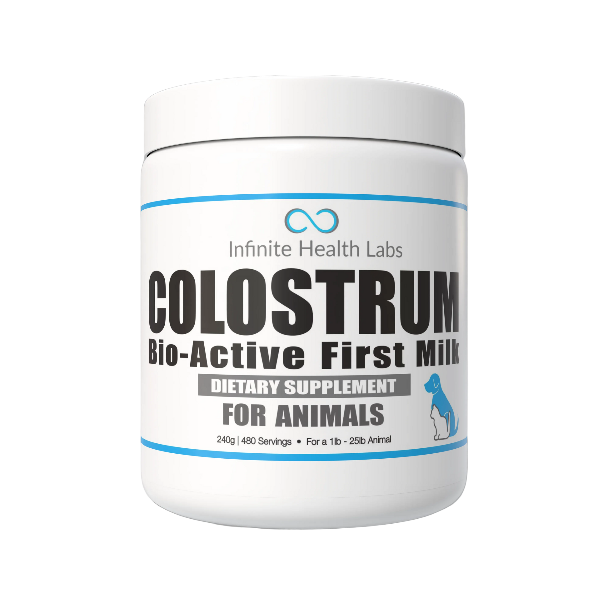 A white Infinite Health Labs container with blue accents and a sitting dog illustration offers Bio-Active Bovine Colostrum Powder for Dogs & Cats, supporting immune and gut health.