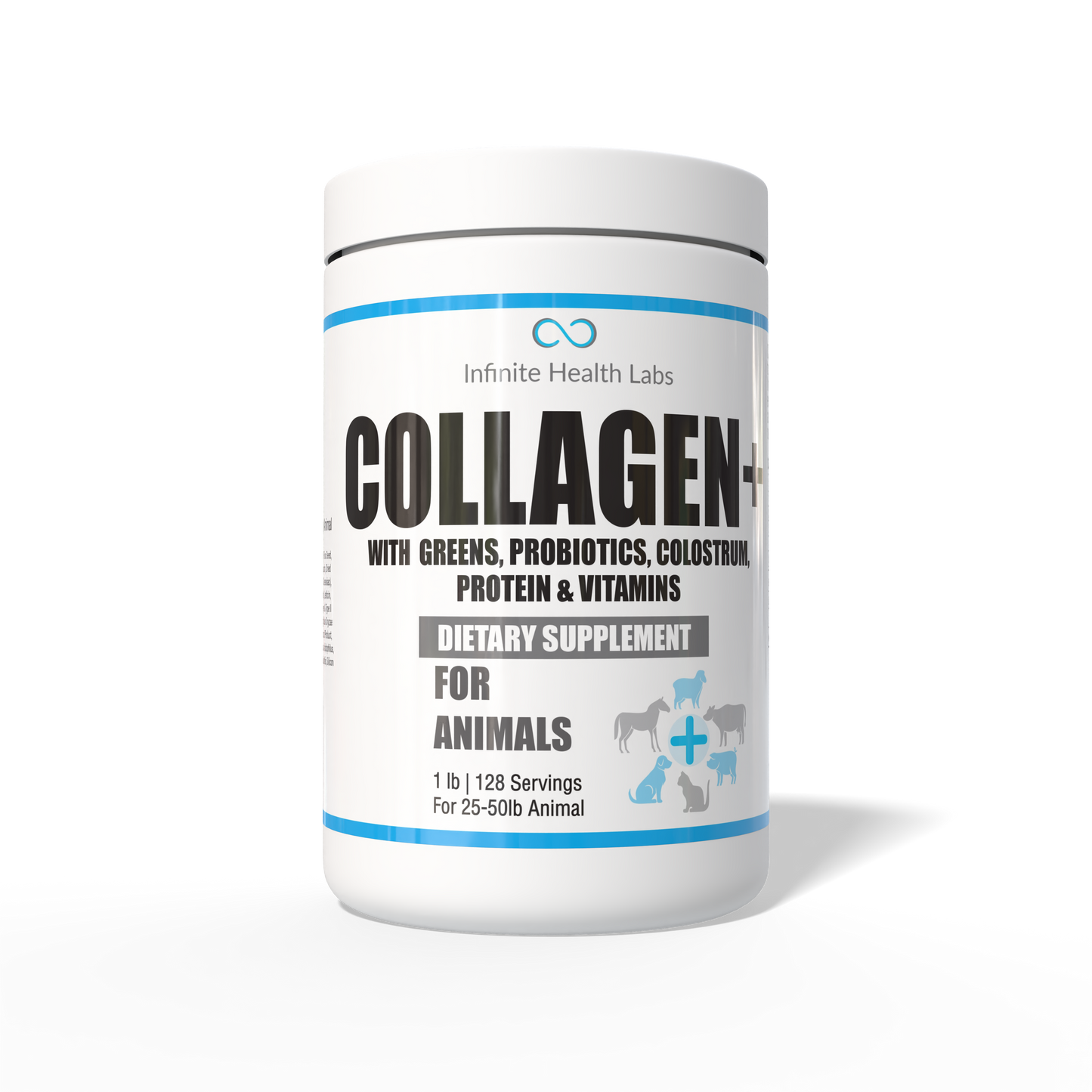 A white container labeled Collagen+ Multi-Nutrient Food Topper for Dogs & Cats by Infinite Health Labs, featuring greens, probiotics, colostrum, protein, vitamins, and icons of a dog and cat on the label.