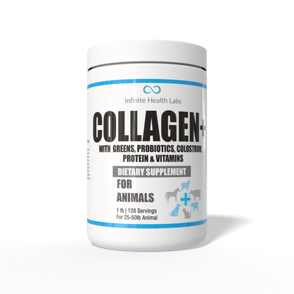 A white container labeled Collagen+ Multi-Nutrient Food Topper for Dogs & Cats by Infinite Health Labs, featuring greens, probiotics, colostrum, protein, vitamins, and icons of a dog and cat on the label.