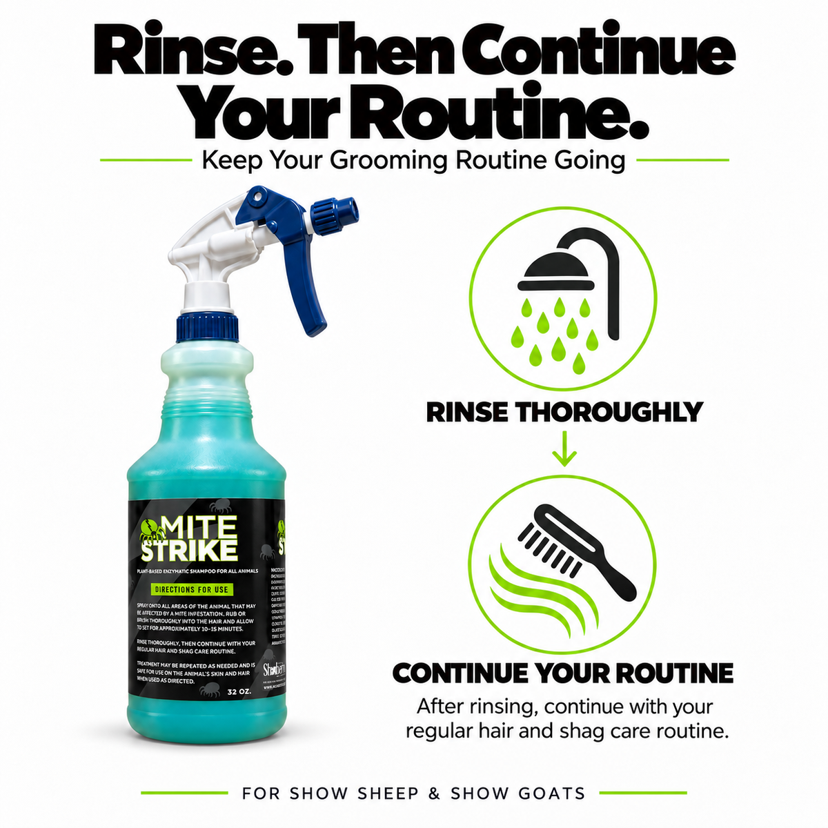 A 32 oz spray bottle of Mite Strike – Plant-Based Enzymatic Shampoo for Show Sheep & Goats next to instructions to rinse thoroughly, brush the animal’s coat, and continue with a regular grooming routine.