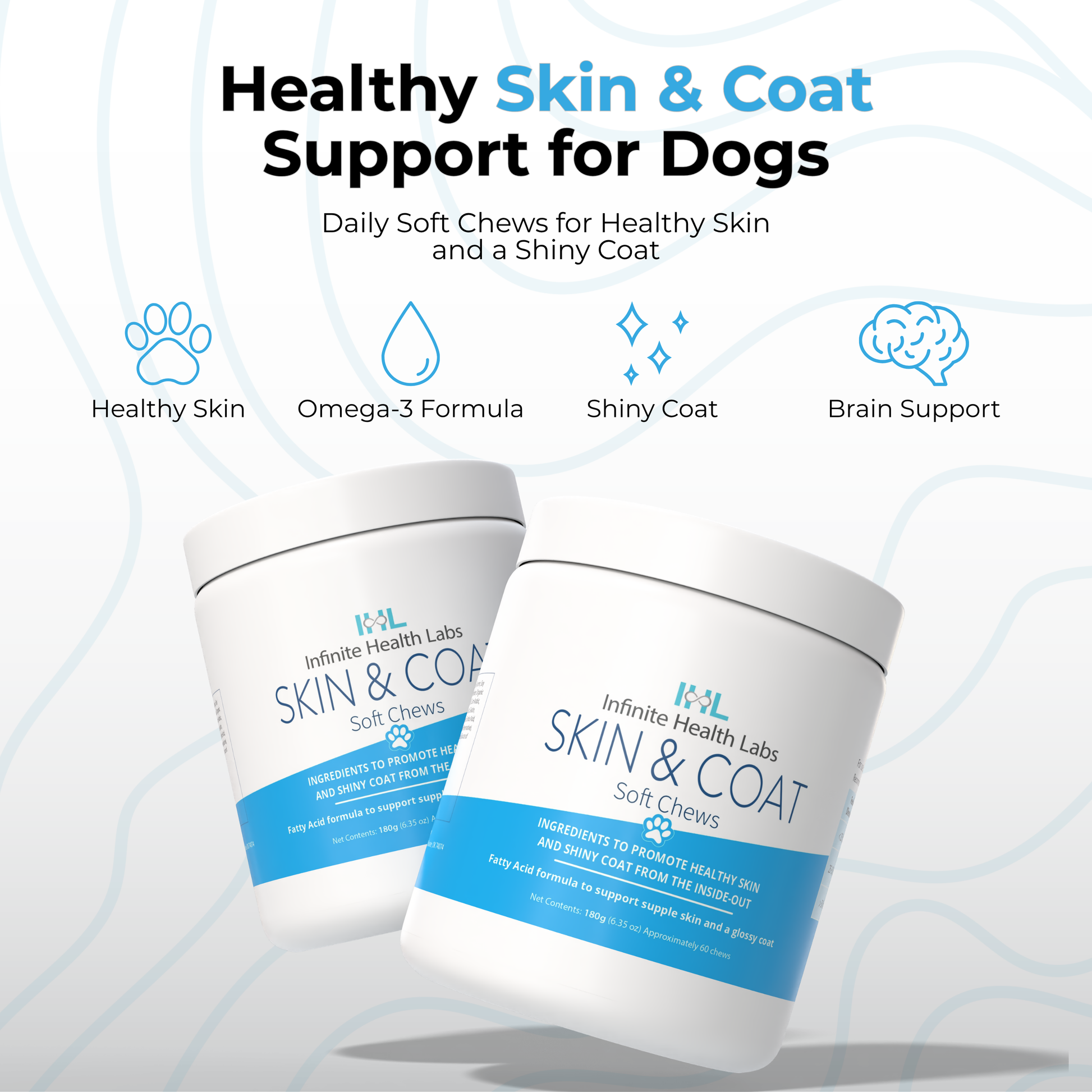 Two white tubs of Infinite Health Labs Dog Skin & Coat Soft Chews with Omega-3, Biotin, and Collagen for healthy skin and a shiny coat. Blue and white packaging highlights key benefits for optimal dog skin health.