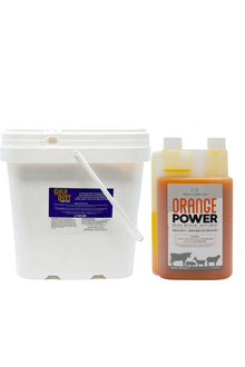 A white plastic bucket labeled Gold Power Pack from Infinite Health Labs stands next to a clear bottle of Orange Power, containing orange liquid; both boost show animal performance and stimulate livestock appetite.