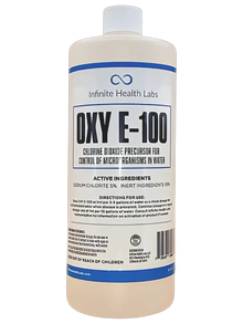 A white bottle labeled Oxy E-100 by Infinite Health Labs, a sodium chlorite-based chlorine dioxide precursor for water microorganism control. The label details active ingredients, safety info, and supports alkaline balance.