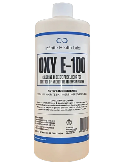 A white bottle labeled Oxy E-100 by Infinite Health Labs, a sodium chlorite-based chlorine dioxide precursor for water microorganism control. The label details active ingredients, safety info, and supports alkaline balance.