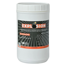 Explosion by Infinite Health Labs is a white container with a black and orange label featuring directions and ingredients. This all-natural feed supplement for sheep, goats, and cattle supports muscle mass and improved shape.