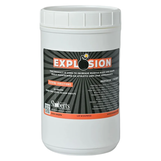 Explosion by Infinite Health Labs is a white container with a black and orange label featuring directions and ingredients. This all-natural feed supplement for sheep, goats, and cattle supports muscle mass and improved shape.