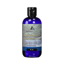 An 8 oz blue bottle of Infinite Health Labs Mother Earth Liquid Zinc, featuring a black cap and a label with brand, product name, and supplement info to support immunity health.