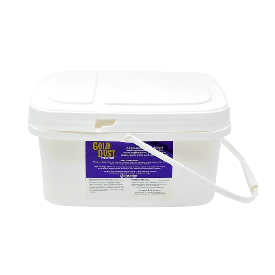 The Infinite Health Labs Gold Dust Show Supplement for Cattle, Sheep, Goats & Pigs comes in a handled white plastic container with a snap-on lid and purple-yellow label—ideal for muscle, fill, and belly control in livestock competitions.