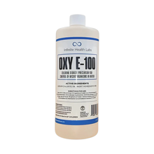 Oxy E-100 by Infinite Health Labs is a sodium chlorite-based chlorine dioxide precursor that helps control microorganisms in water and supports alkaline balance; directions and ingredients appear on the label.