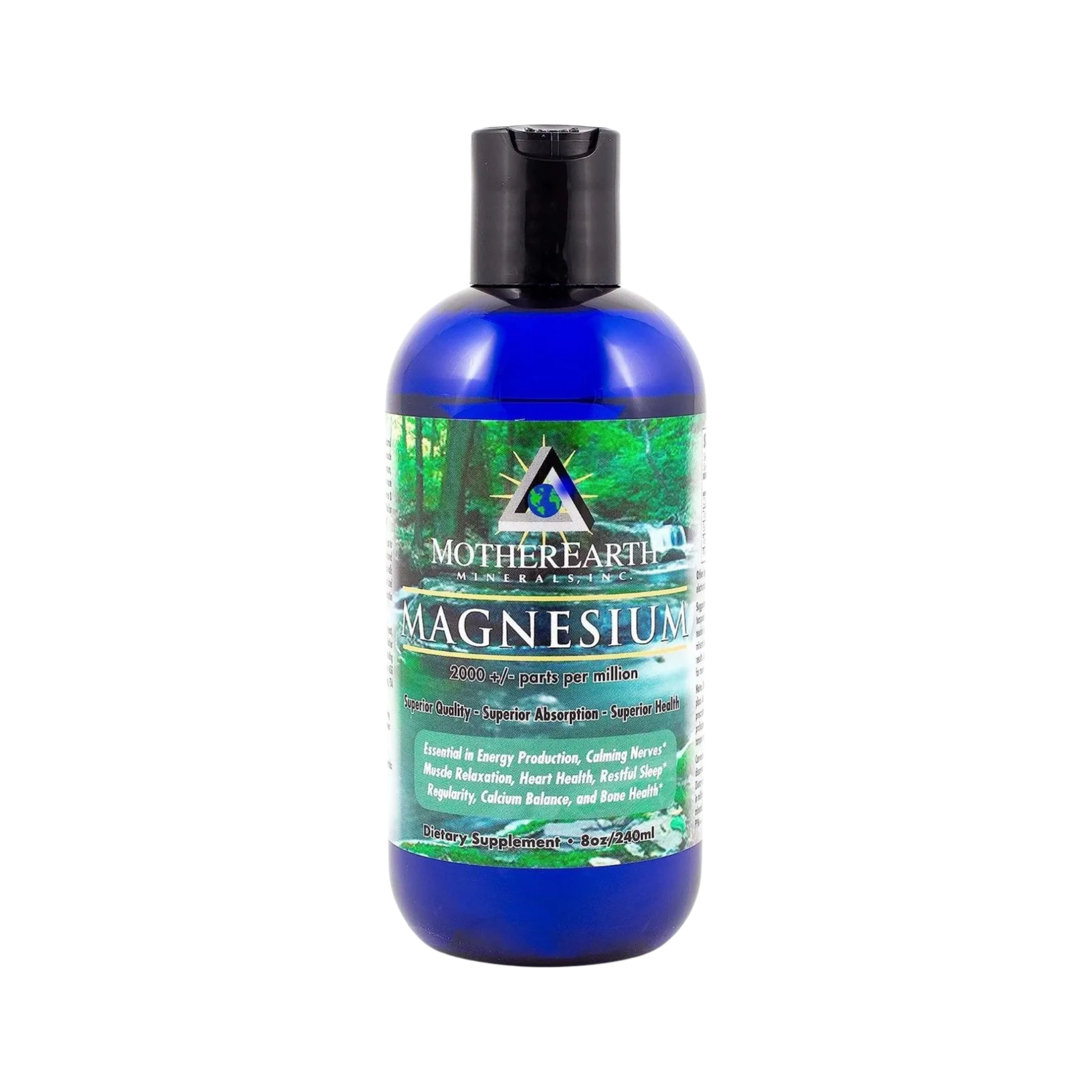 A blue bottle of Infinite Health Labs’ Mother Earth Liquid Magnesium features a black cap, a forest-themed label with product info and a green triangle logo, highlighting benefits for muscle relaxation and heart health.