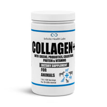 Collagen+ Dog or Cat Food Topper by Infinite Health Labs is a white container with animal silhouettes, offering protein, greens, probiotics, colostrum, and vitamins for your pet’s digestive and immune support.