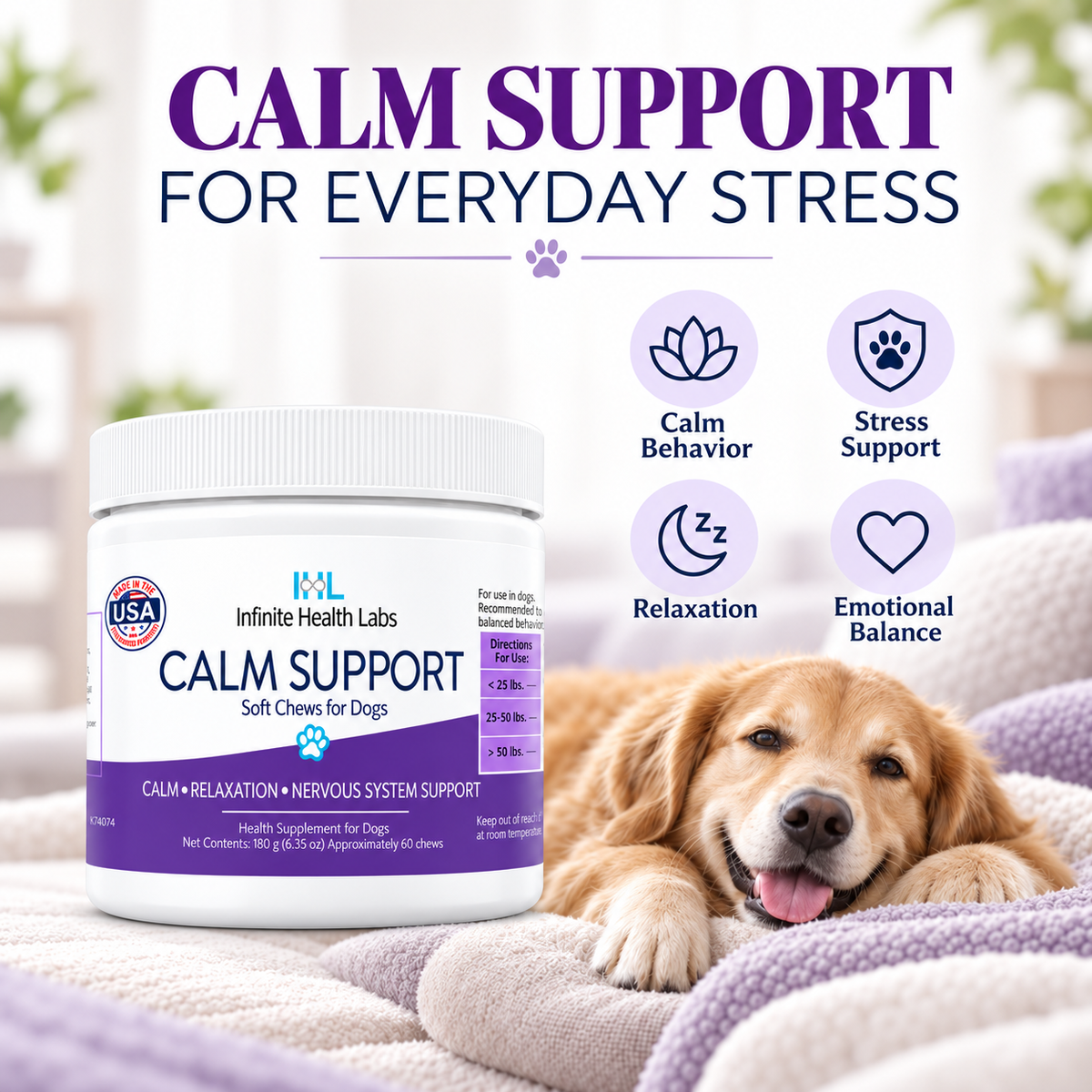 A happy dog relaxes on a purple blanket beside a jar of Infinite Health Labs Calm Support Soft Chews for Dogs – Relaxation & Nervous System Support (60 Chews), featuring icons for calm behavior, stress support, relaxation, and emotional balance—ideal for gentle canine anxiety relief and promoting calm support in dogs.