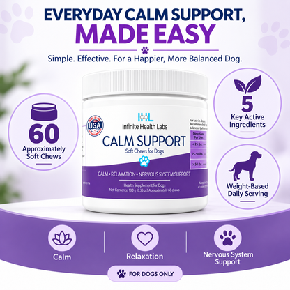 A jar of Infinite Health Labs Calm Support Soft Chews for Dogs features a purple and white design with icons highlighting key benefits: calm, relaxation, nervous system support, 60 chews per container, 5 essential ingredients, and weight-based daily serving. Perfect for effective dog anxiety relief and providing daily calming support.
