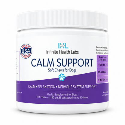 A white container of Infinite Health Labs Calm Support Soft Chews for Dogs – Relaxation & Nervous System Support (60 chews) by Infinite Health Labs, featuring benefits for relaxation and nervous system support in dogs. The dog calming chews display usage directions by weight and include a Made in USA badge.