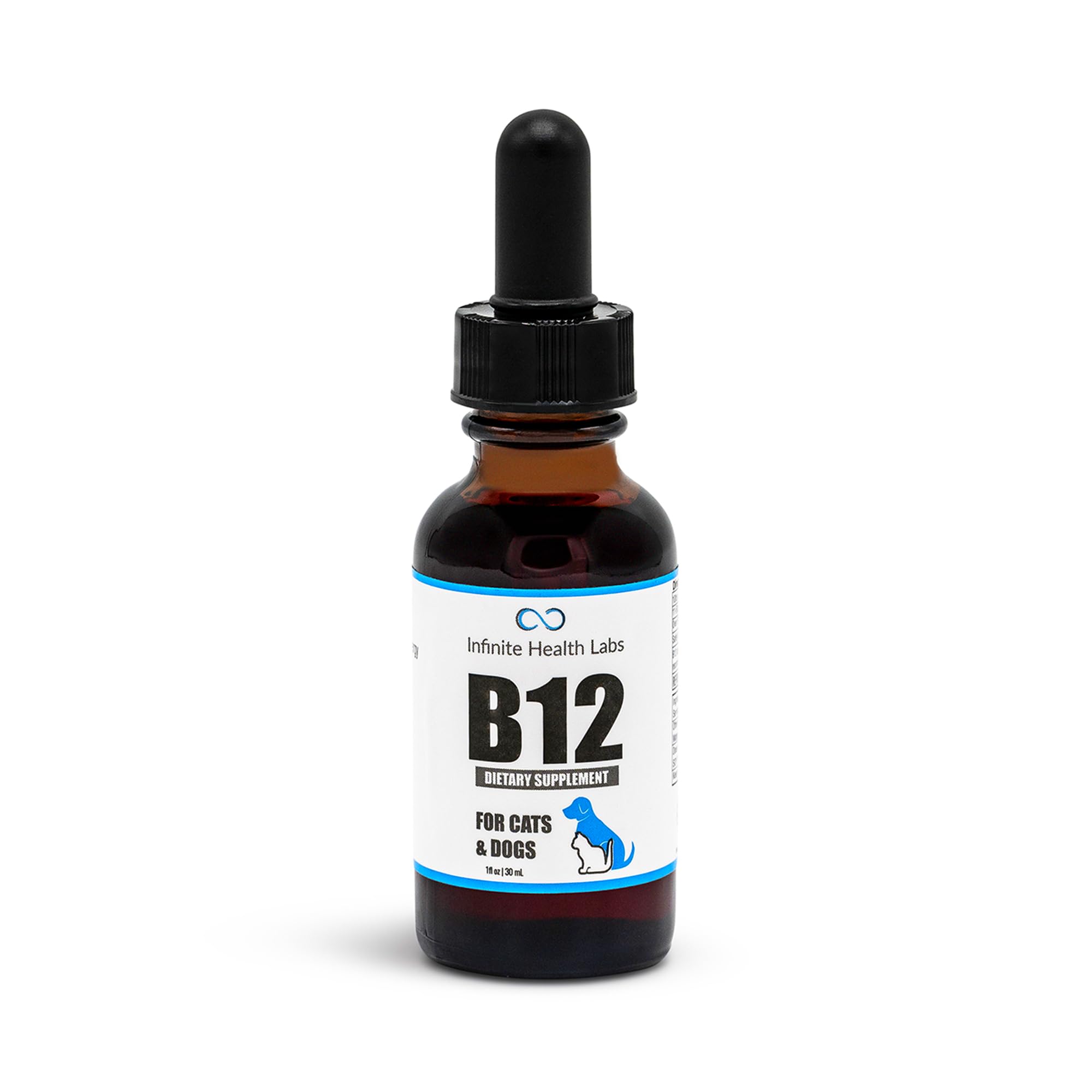 A brown glass dropper bottle labeled Infinite Health Labs Liquid Vitamin B-12 for Dogs and Cats, featuring a cat and dog silhouette, with a black dropper cap.