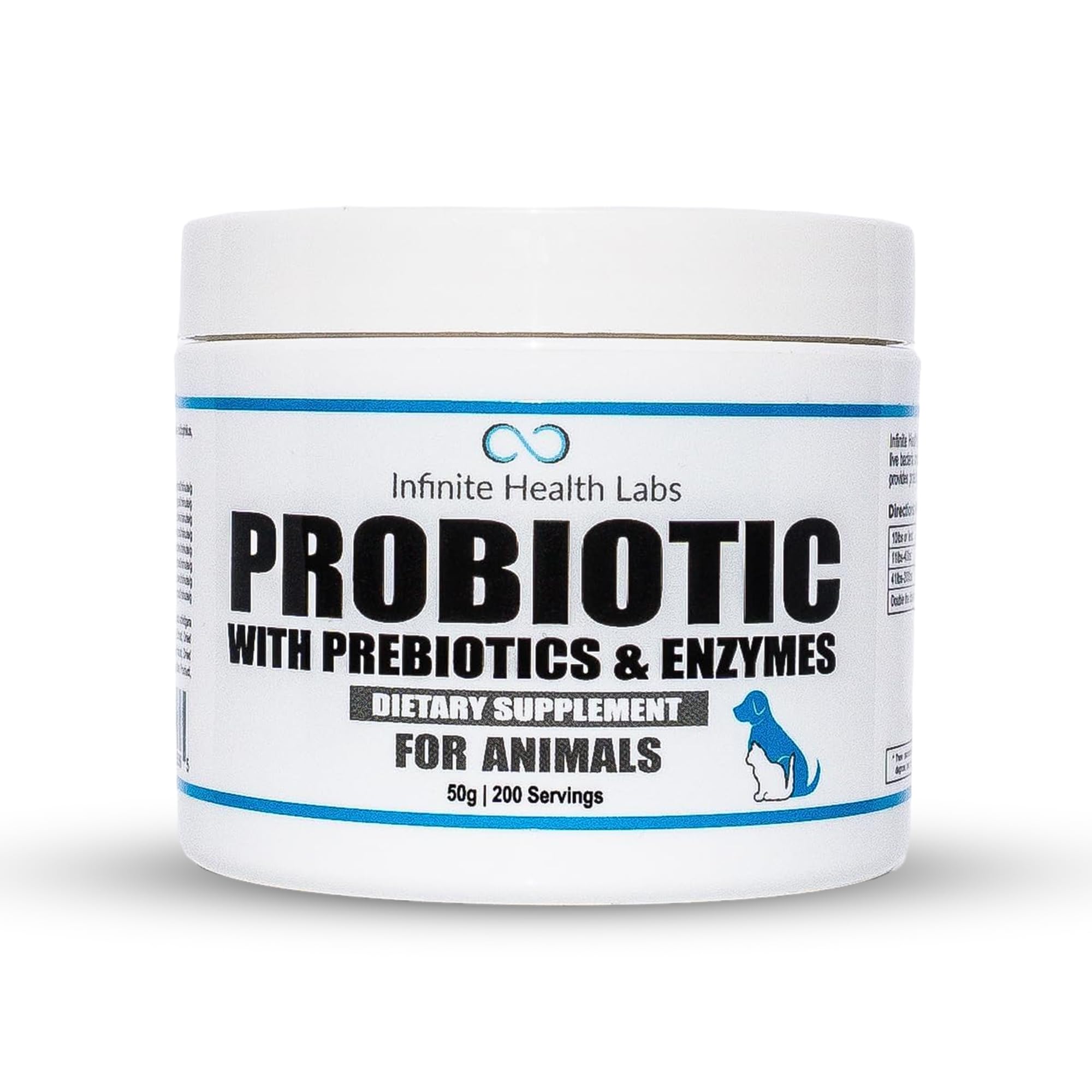 A white container labeled Probiotics for Animals by Infinite Health Labs, a 50g dietary supplement featuring a blue dog image, offers probiotic powder to support dogs gut health with prebiotics and enzymes.
