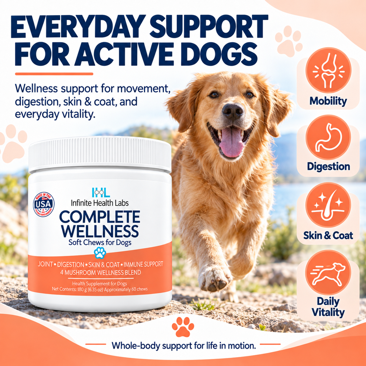An energetic golden retriever frolics outside next to a container of Infinite Health Labs Complete Wellness Soft Chews for Dogs, with icons showcasing key benefits: joint and mobility support, digestion, immune health with a 4-mushroom blend, and daily vitality.