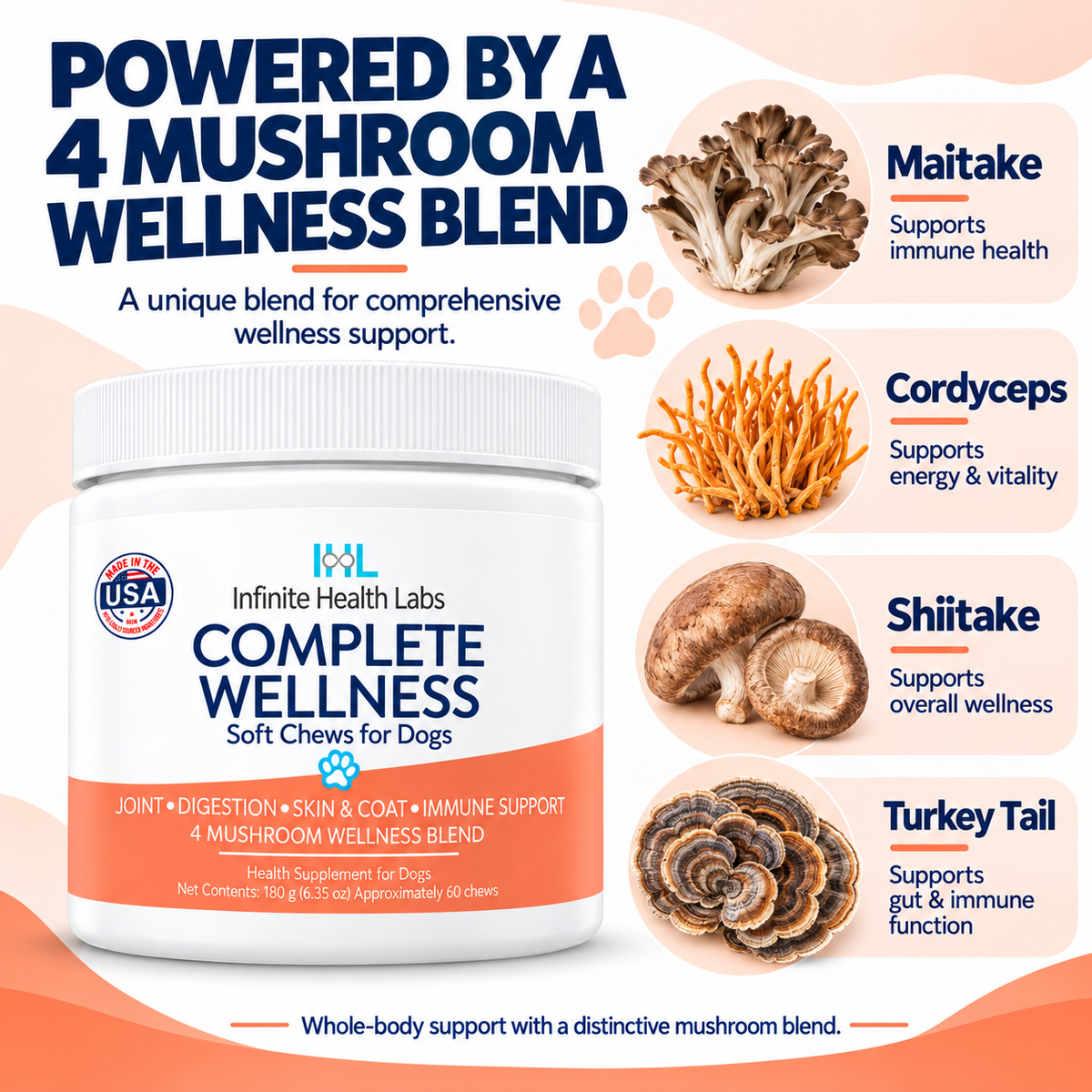 The Infinite Health Labs Complete Wellness Soft Chews for Dogs – Joint, Digestion & Immune Support with 4-Mushroom Wellness Blend features images of Maitake, Cordyceps, Shiitake, and Turkey Tail mushrooms on the container. This supplement highlights support for joint and mobility health, as well as benefits for digestion, skin, coat, and immune function in dogs. The container includes 60 chews.