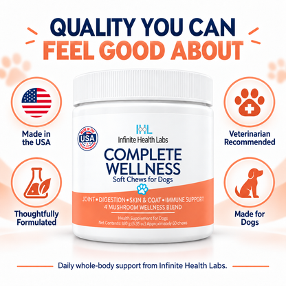 A container of Infinite Health Labs Complete Wellness Soft Chews for Dogs is shown, featuring icons that highlight joint, digestion, and immune support; a 4-mushroom wellness blend; veterinarian recommendation; made in the USA; and thoughtful formulation specifically for dogs.