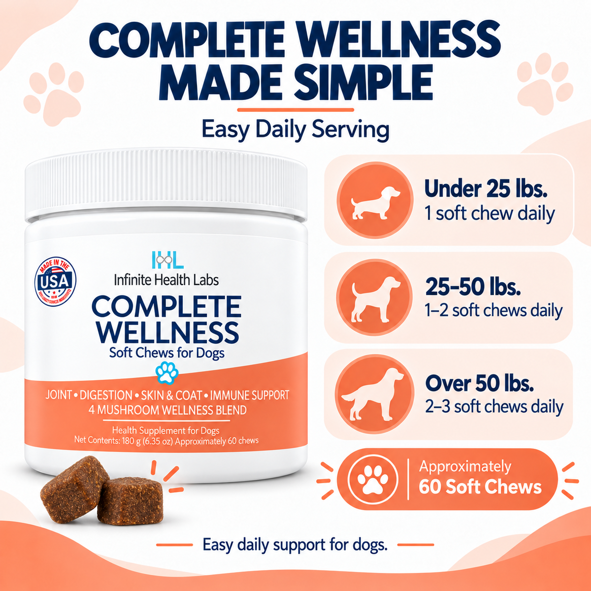 Jar of Infinite Health Labs Complete Wellness Soft Chews for Dogs featuring a 4-mushroom wellness blend for joint, digestion, skin, and immune support. Each jar contains about 60 soft chews designed to help your dog thrive. The convenient chew dosage chart by weight recommends: under 25 lbs (1 chew/day), 25–50 lbs (1–2 chews/day), and over 50 lbs (2–3 chews/day). Formulated by Infinite Health Labs to support your dog’s overall wellness.