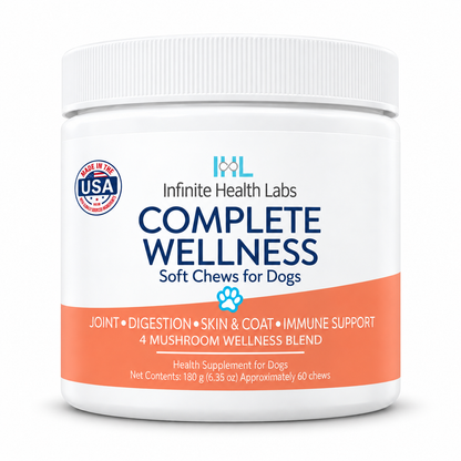 A white container of Infinite Health Labs Complete Wellness Soft Chews for Dogs showcases support for joints, digestion, immune health, and skin & coat, featuring a 4-mushroom wellness blend. Made in the USA, these 60-count chews from Infinite Health Labs promote overall canine health and vitality.