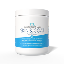White container of Infinite Health Labs Dog Skin & Coat Soft Chews (Omega-3, Biotin & Collagen), with blue and white label. Supports healthy skin and shiny coats for dogs. 180g container holds about 60 chews.