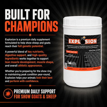 A container of Infinite Health Labs’ Explosion Livestock Supplement for show animals is displayed beside text emphasizing its benefits for nutrition, muscle growth, and overall health to help goats and sheep achieve peak performance.